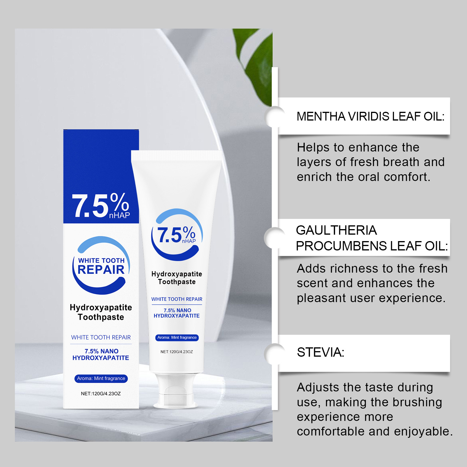 7.5% ハイドロキシアパタイト配合 ペパーミント歯磨き粉  - Teeth Whitening Foam Toothpaste のレビューと価格