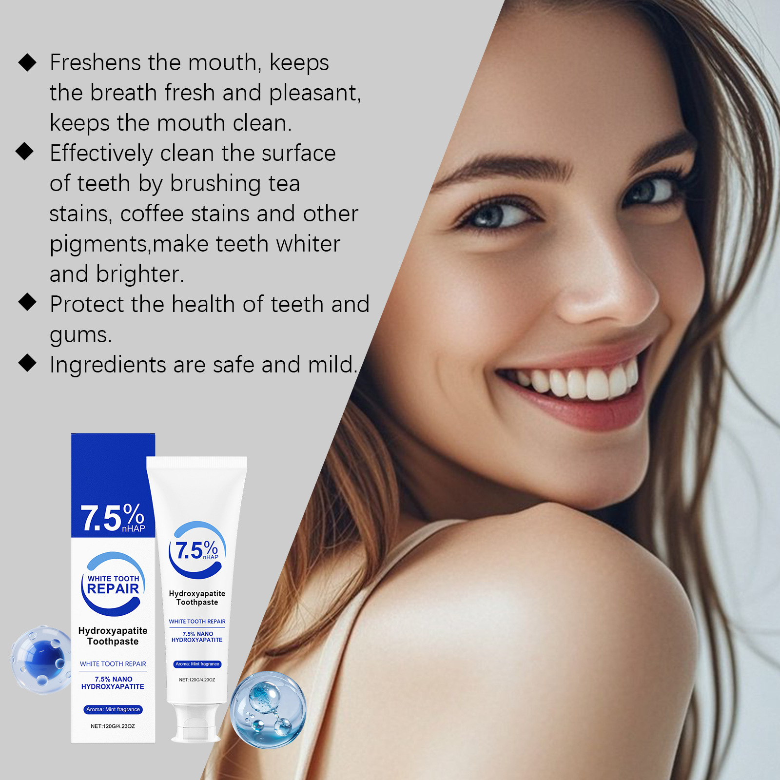 7.5% ハイドロキシアパタイト配合 ペパーミント歯磨き粉  - Teeth Whitening Foam Toothpaste のレビューと価格