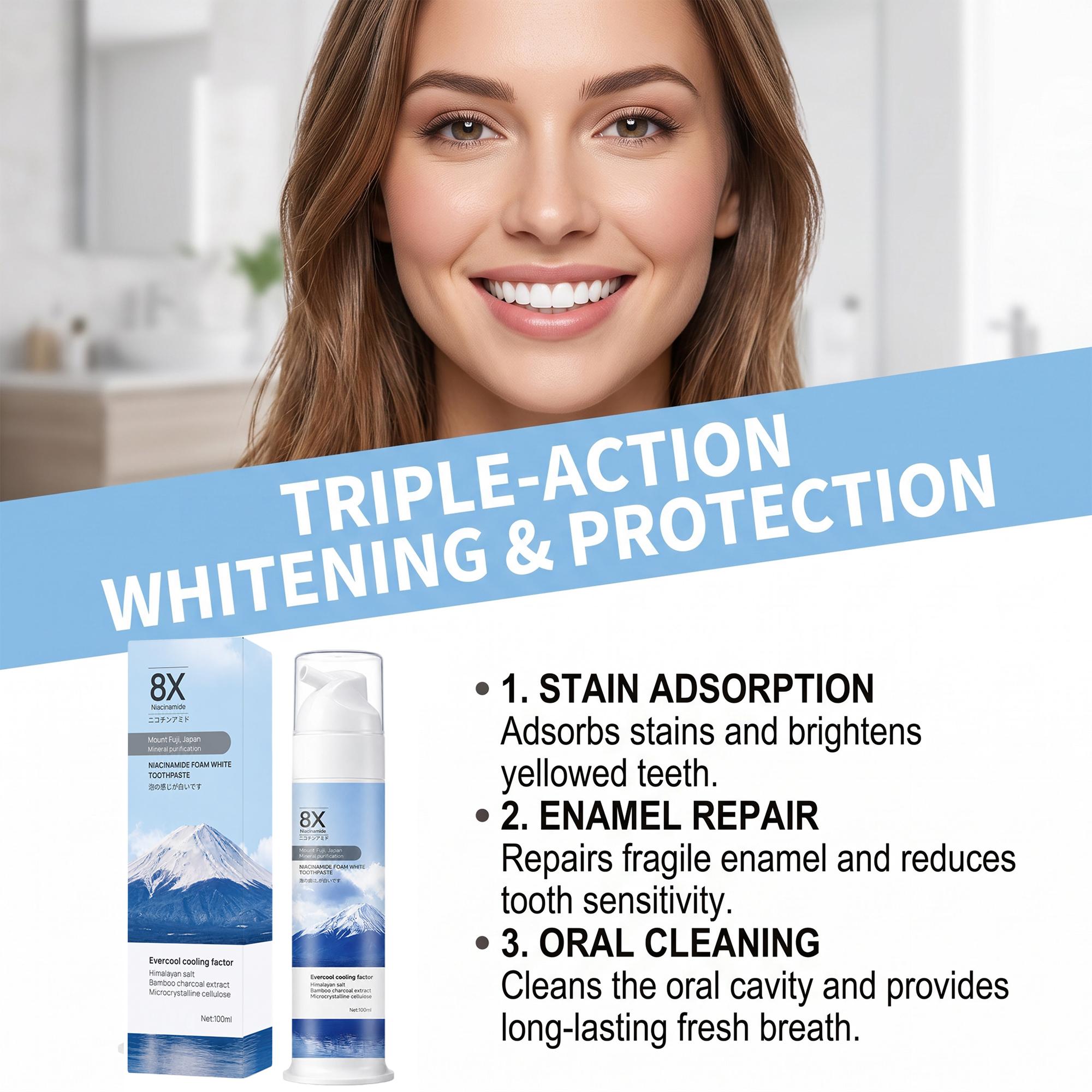 ナイアシンアミド配合の泡状美白歯磨き粉 | 黄ばんだ歯を正し - Teeth Whitening Foam Toothpaste のレビューと価格